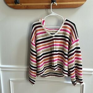 🧡Women’s POL crochet striped v-neck crop hoodie🩷